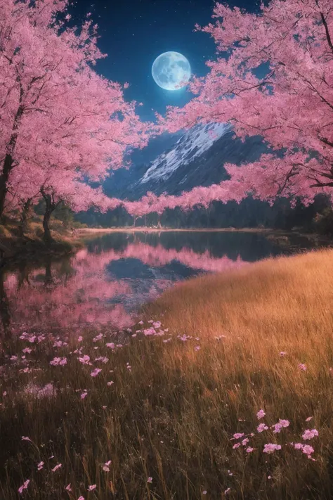 ethereal beauty of a mystical landscape under the red moonlight. The scene should be illuminated by a radiant moon, casting its glow upon a twisted, yet majestic tree with blossoms that seem to sparkle in the night. In the background, towering mountains lo...