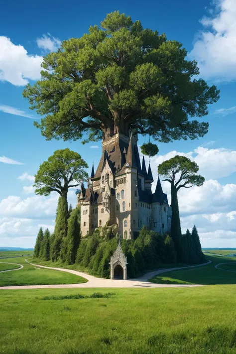 fantasy world with the giant twisted tree by (Bob Mackie:0.7), elven castle around, in front of universe by (Benoit B. Mandelbrot:1.1), ultra detailed, intricate,