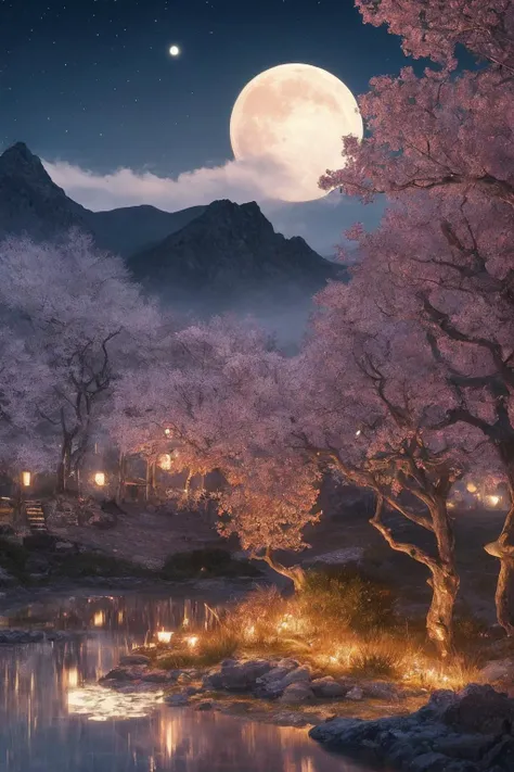 ethereal beauty of a mystical landscape under the red moonlight. The scene should be illuminated by a radiant moon, casting its glow upon a twisted, yet majestic tree with blossoms that seem to sparkle in the night. In the background, towering mountains lo...