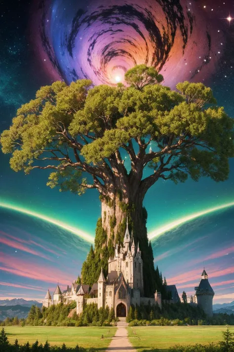 fantasy world with the giant twisted tree by (Bob Mackie:0.7), elven castle around, in front of universe by (Benoit B. Mandelbrot:1.1), ultra detailed, intricate,