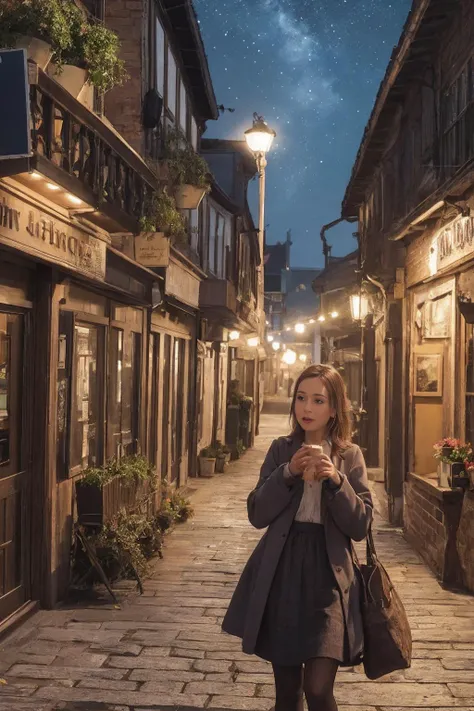 "In the tranquil night outside a bustling Irish pub, a scene unfolds under the soft glow of welcoming lights. Amidst the cozy ambiance, a beautiful lady clad in timeless Irish attire embarks on a whimsical pursuit, clutching a burlap bag in his weathered h...