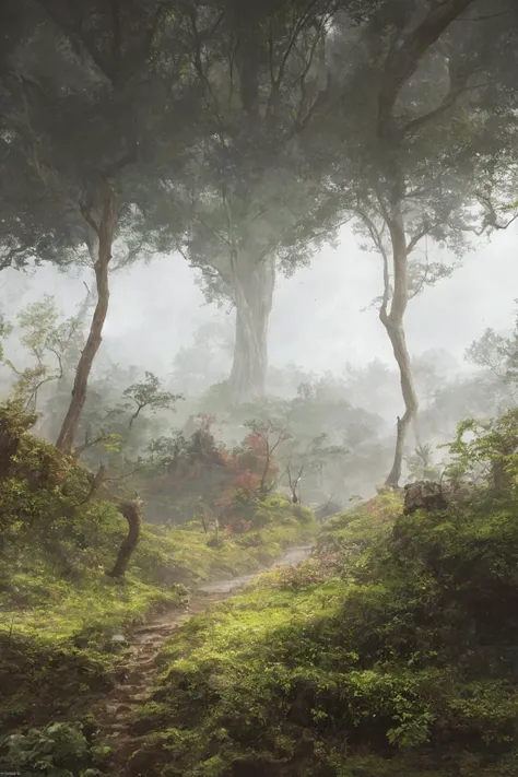 a person walking down a path through a forest on a foggy day