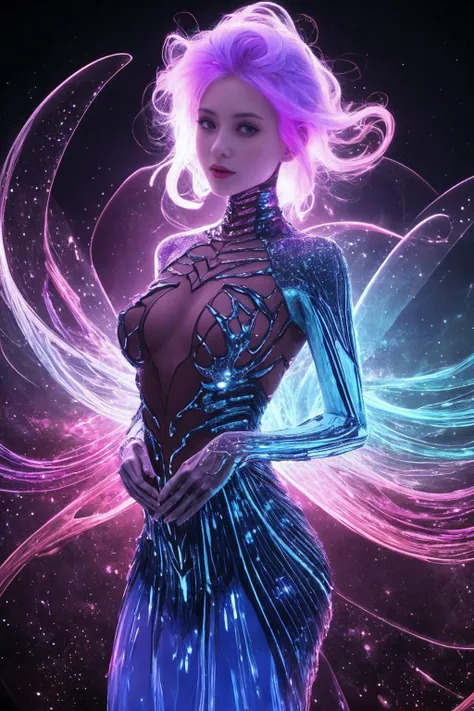 bioluminescent,Vibrant, erosion-patterned galaxy aesthetics, (glass-like transparent body revealing intricate titanium bone structure, vivid bioluminescent blood vessels), effervescent internal bubbles, tornado-like swirls, chaotic nebula-inspired light so...