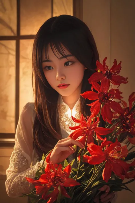 ((detailed)), ((masterpiece)), ((best quality)), (Exquisite), (Enchanting), (Elegant), (Lycoris radiata), Flower, Conceptual, Non-figurative, Controlled illumination, Photography lighting, Controlled light, Distant subjects, Extreme reach,