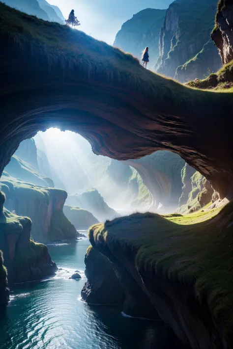 ((1girl,forest, grass, lake, light rays, mountain, nature, outdoors, river, scenery, tree, water,a mountain goat standing on top of a lush green hillside, alien breathtaking landscape, inside an enormous vast cave, mythical gigantic space cavern, beautiful...