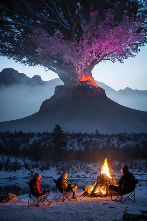 people sitting around a campfire in the snow with a mountain in the background