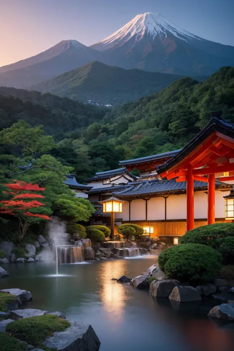 a view of a japanese style building with a waterfall in front of it