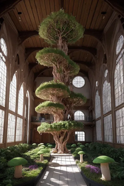 a close up of a tree in a building with a walkway