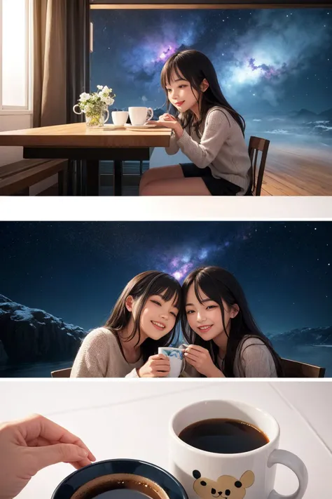 two mugs with cute 3d character faces, filled with coffee, sharing a cozy moment together on a fantasy art wall, at night, bright spotlight, bright sky, nebula, galaxy,