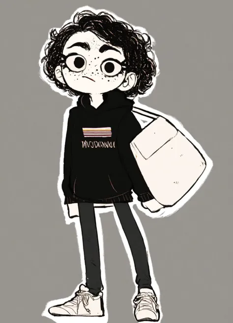 a drawing of a person with a backpack and a bag