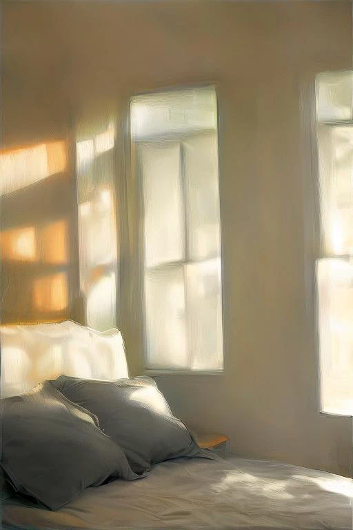 <lora:BigSleepAI_Custom:1> bigsleepai, sunlight coming through a window at evening inside a bedroom, abstract