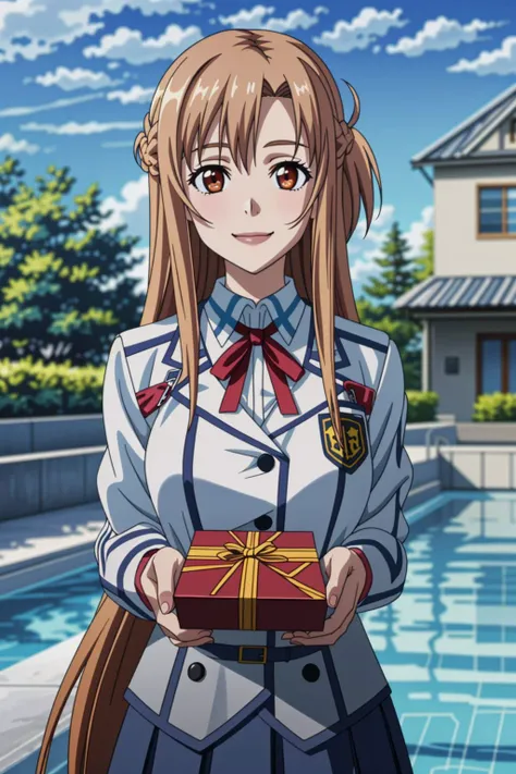 a woman in a uniform holding a box with a gift