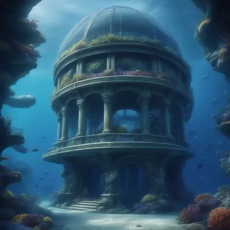 Large underwater base, fantasy, realistic, detailed, underwater, ocean, architecture