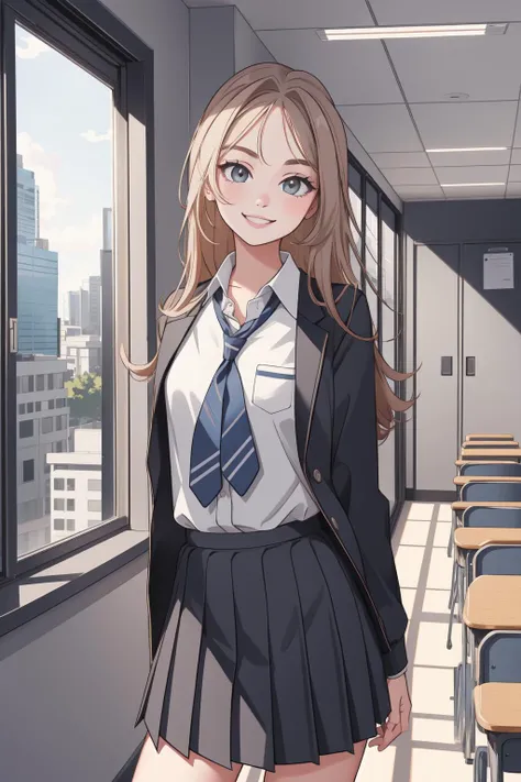 1girl, solo, indoors, smile, school, (school uniform), 0d4ddysg1rls35