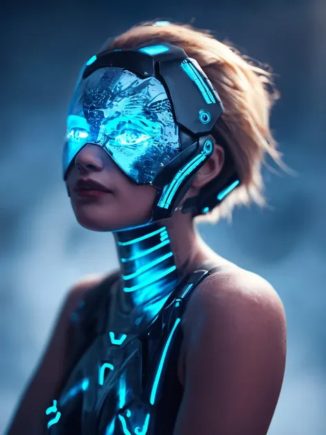 score_9,score_8_up,score_7_up,score_6_up,score_5_up,score_4_up,A surreal image of a human face, where the skin is replaced by a metallic, reflective surface, gleaming under bright lights. The eyes are vivid neon blue, glowing unnaturally. The background is...