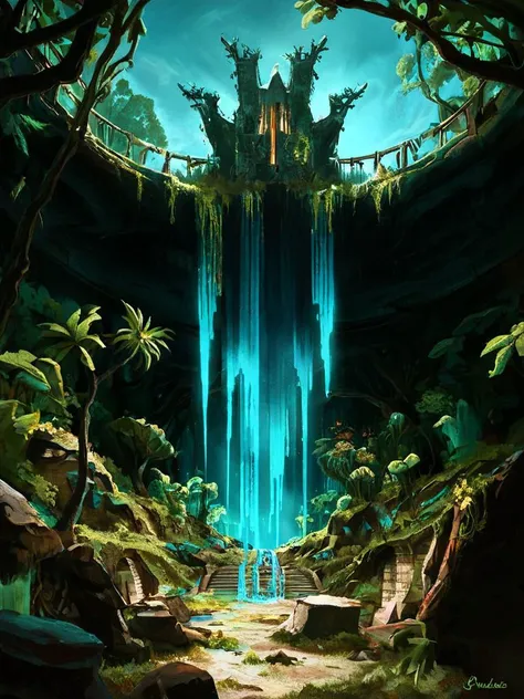 score_9,score_8_up,score_7_up,score_6_up,score_5_up,score_4_up, kallmekris mixed with solo, 1 man, walking through a lush valley, a sacred temple, archeology, treasure hunt, ancient ruins, stone, , rocks, a cascading waterfall in the background. towering a...