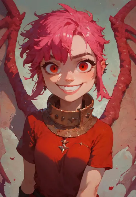 score_9, score_8_up, score_7_up, ASCII, masterpiece,nimona (character), nimona, 1girl, bluebiscuits, collar, dragon wings, ear piercing, grin, looking at viewer, piercing, pink hair, red eyes, red tunic, short hair, short hair with long locks, smile, tunic...