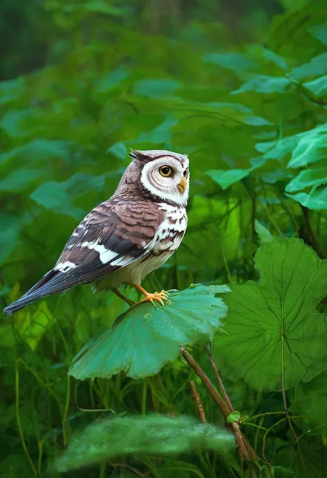 A photorealistic image with artistic enhancements captures a small, endearing owl sheltered beneath a vibrant, burnt-orange mushroom in the midst of a gentle rain shower, rendered in a style that merges Nature Photography, Whimsical Wildlife Art, and Bokeh...