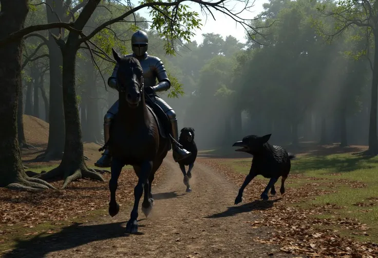 c_dawg charging at a knight on horseback, c_dawg a crow-wolf hybrid attacking a knight on horseback in a forest, fantasy scene, ultrarealistic, detailed, cinematic, best quality