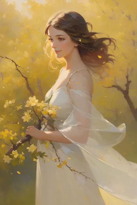 <lora:20230920-1695177125669:0.8>, ART, (oil painting:1.1), 1girl,stars in the eyes,pure girl,(full body:0.5),There are many scattered luminous petals,hidding in the light yellow flowers,Depth of field,Many scattered leaves,branch,angle,contour deepening,c...