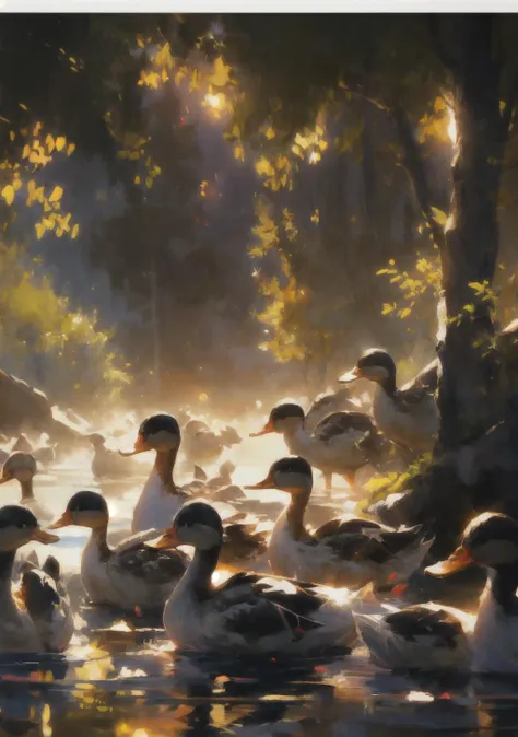 ducks in a pond of water with sunlight shining through the trees