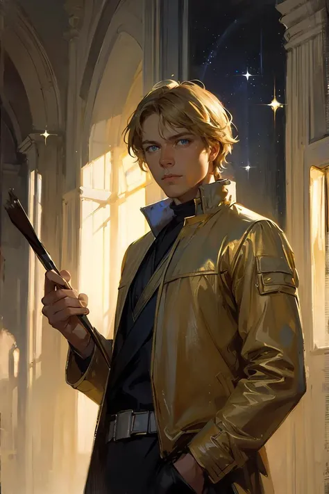 oil painting,oil painting with brushstrokes,  Anders Zorn, focus on a man, night_city, yellow_jacket,(Luke Skywalker:0.9), blue_eyes, blonde, glowing, mystical, magical, rim lighting, fantasy, sunbeam, soft lighting, sparkle, glittering,<lora:GoodHands-bet...