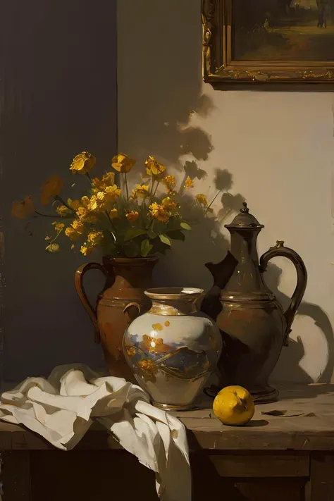 there are two vases with flowers and a lemon on a table