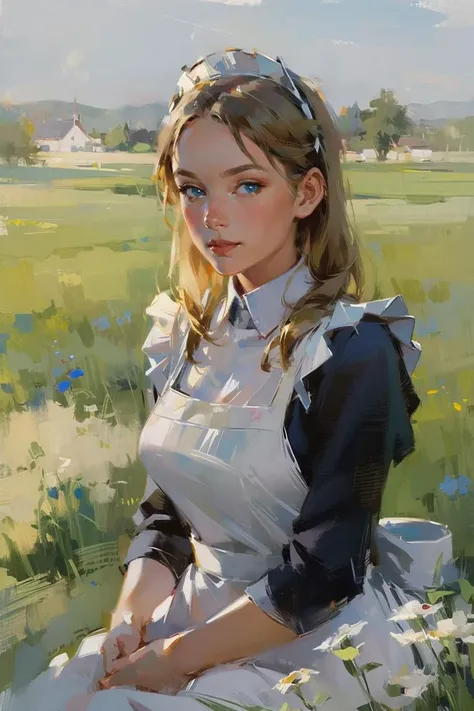 (young maid scandinavian girl :1.2),  sitting on top of a stone in front of longhouse,  Impressionism,oil painting with brushstrokes, 1girl, blue eyes, flower field, hair flower, hair ornament, lips, long hair, looking at viewer, nose, solo, upper body, (f...