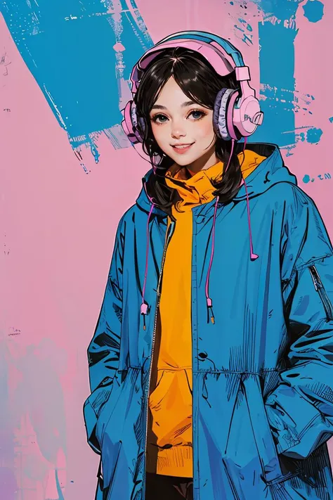 masterpiece, high quality, A girl, Hip hop background,wearing a baggy blue coat and headphones,<lora:J_pastel_color:0.9> j_pastel_colorï¼kind smile,presenting,