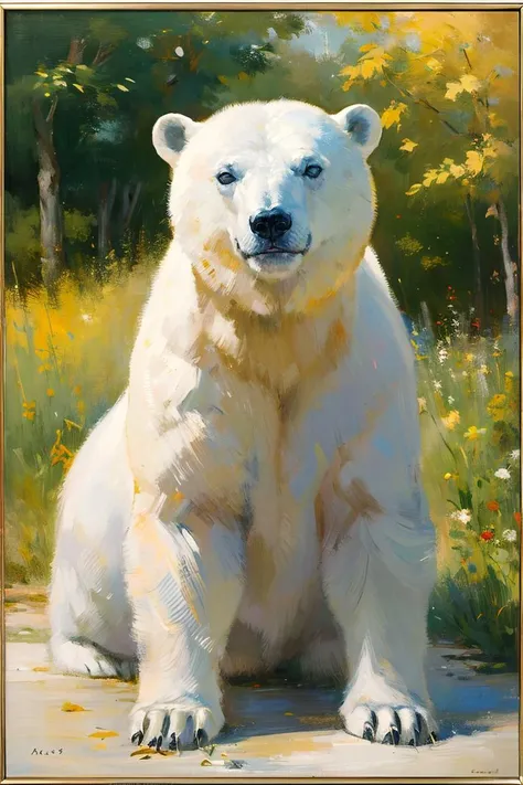 A cute polar bear  happily, Oil on canvas, Impressionism, [style of Claude Monet, style of Pierre-Auguste Renoir], Highly detailed painting, cheerful composition, warm color palette, Natural lighting, golden hour, realistic, intricate details,