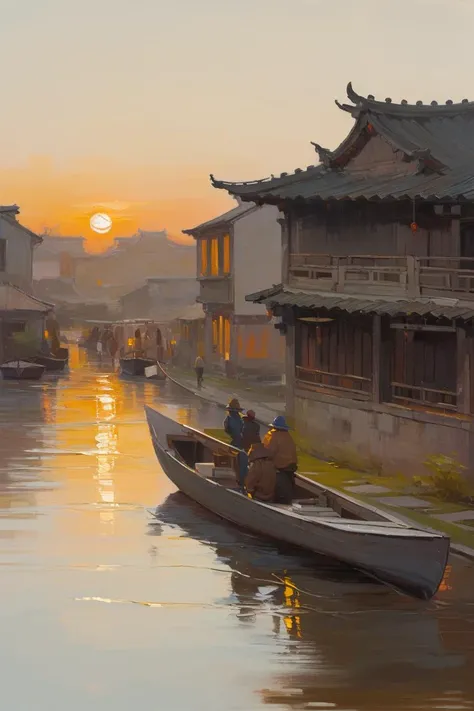 oil painting,<lora:20230920-1695177125669:0.8>, ART, town, telephoto shot, architecture, (oil painting:1.4), scenery, water, chinese building, chinese architecture, (jiangnan:1.2), stone wall, brick and stone house, (grey house), wooden door, wooden fence,...