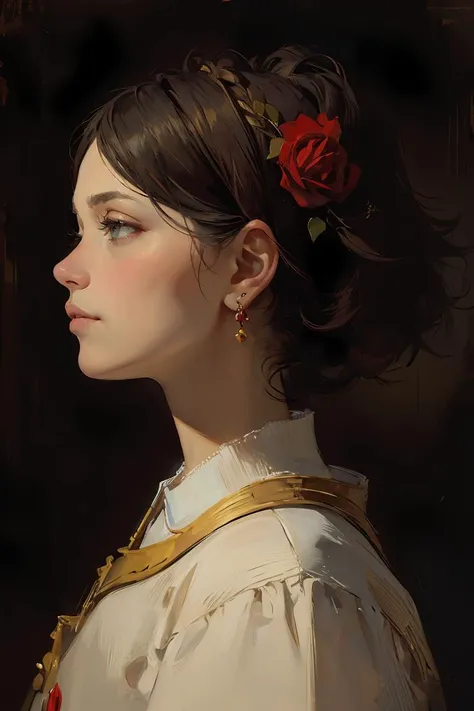 (oil painting,in Rembrandt style),(medieval portrait),oil painting with brushstrokes,masterpiece, best quality,detailed face,portrait, 1 woman, profile , view by side, wearing a red rose on her hair near her ear,black background, simple background ,hyper-r...