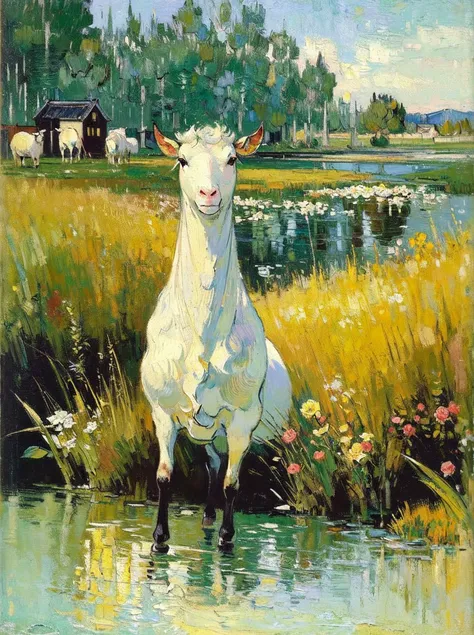 oil painting, masterpiece, best quality, detailed, sargent, lake, sparkling, birds, wooden house, pasture, cattle and sheep, bushes, rose flowers, no humans, 19th century, impressionist style, (style of Vincent van Gogh:1.2)