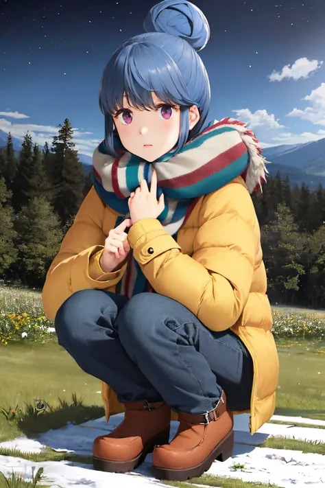 (masterpiece, best quality:1.2), <lyco:yurucamp_shima-10:1.0>, solo, 1girl, shima rin, expressionless, closed mouth, looking at viewer, squatting, single hair bun, winter clothes, coat, pants, boots, scarf, night, star (sky), forest, grass, hiking tent