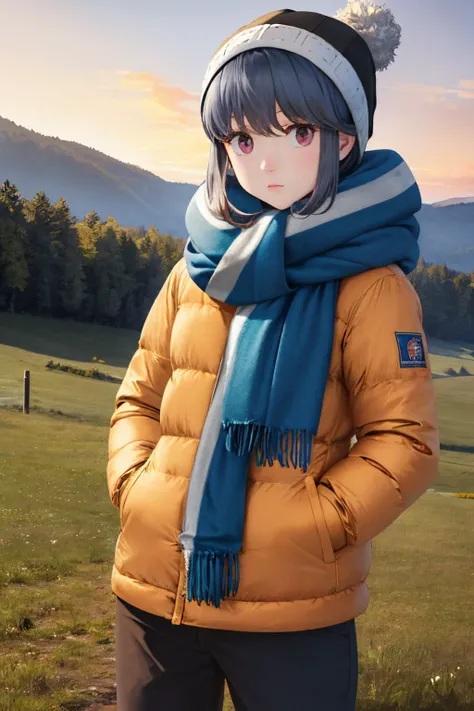 (masterpiece, best quality:1.2), <lyco:yurucamp_shima-10:1.0>, cowboy shot, solo, 1girl, shima rin, expressionless, closed mouth, looking at viewer, hands in pockets, beanie, winter clothes, coat, pants, scarf, sunset, forest, grass, hiking tent