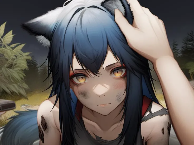 anime girl with blue hair and black eyes with a cat's head