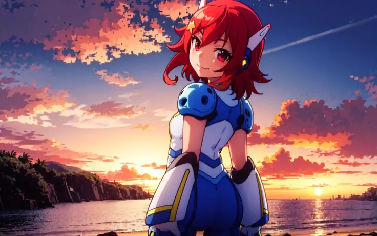 akagi_rin(denchi-project),  akagi_rin(bodysuit),  1girl, solo,smile, beach,(sunset:1.1),solo,  star hair ornament, mechanical ears,vambraces,pauldrons, sparkle, from behind, looking back, huge sunset,red floating, night, waving, sea , <lora:AkagiRin(Denchi...