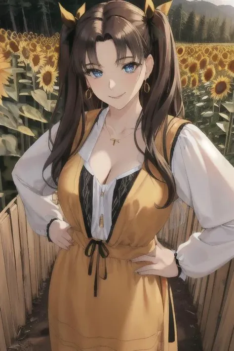 (masterpiece, best quality, ultra detailed, absurdres, from above)1.5, 1girl, (sexy, beautiful woman, perfect face, perfect eyes, perfect female body)1.5, (tohsaka_rin_alt, romanian_folklore_clothing, cleavage, golden necklace, golden earrings, long hair, ...