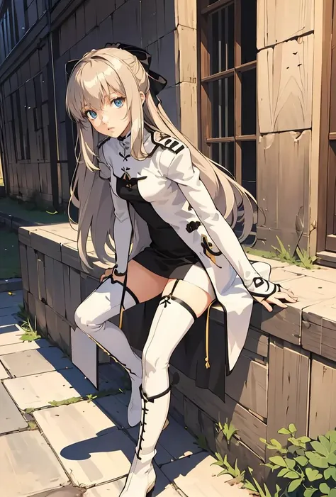 anime girl sitting on a ledge with a white coat and black boots