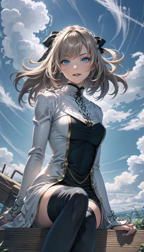 professional art of a dreaming girl, looking to a far, 
cyrille, hair ribbon, white coat, long sleeves, black dress, black thighhighs, gold chains, black bow in hair, sitting, 
sapphire eyes, lightblue eyes, long blond hair, 
clouds sky on bg, outdoors, cl...