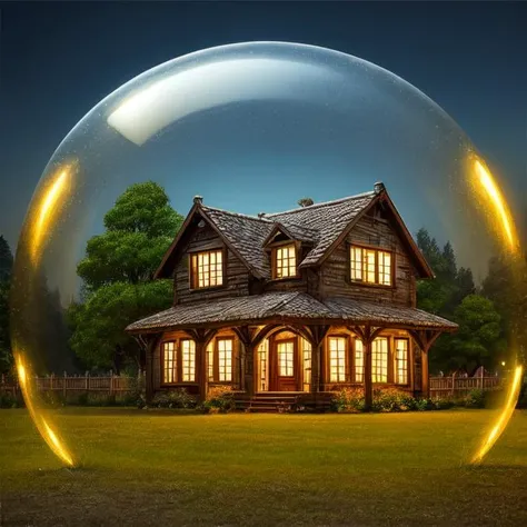 mini house, landscape, old fashion, nature, night light, a bubble, in the bubble, high detailed, masterpiece, best quality, <lora:Bubble_Sora:0.4>, (masterpiece,best quality:1.5)