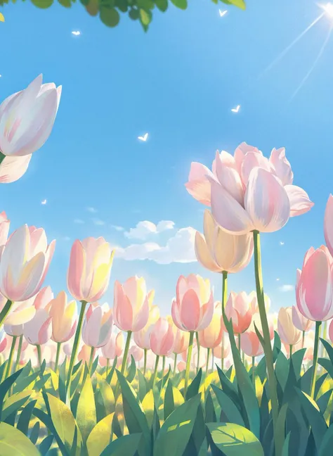 there are many pink tulips in a field with a sun in the background