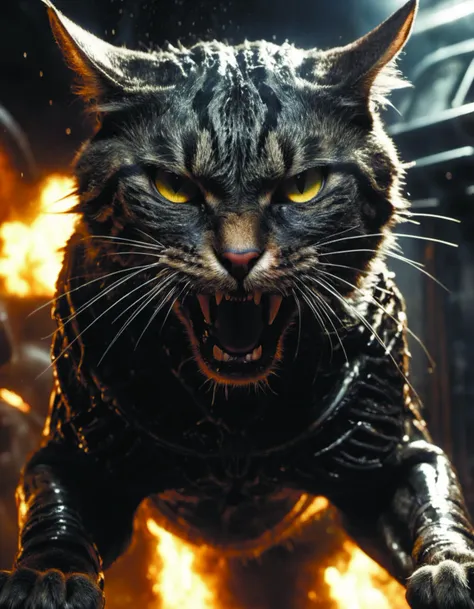 a close up of a cat with yellow eyes and a fire in the background