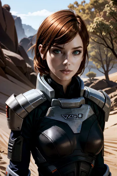 a woman in a futuristic suit standing in a desert area