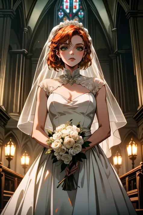 a woman in a wedding dress holding a bouquet in a church