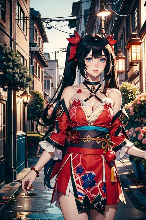 <lora:sparkle_honkai:0.8>,sparkle_honkai,1girl,((standing)),short kimono,bare shoulders,twintails,black hair,long hair,hair ornament,bare legs,upper body,(cowboy shot,realistic,photorealistic),(masterpiece,best quality,high quality),(colorful),(delicate ey...