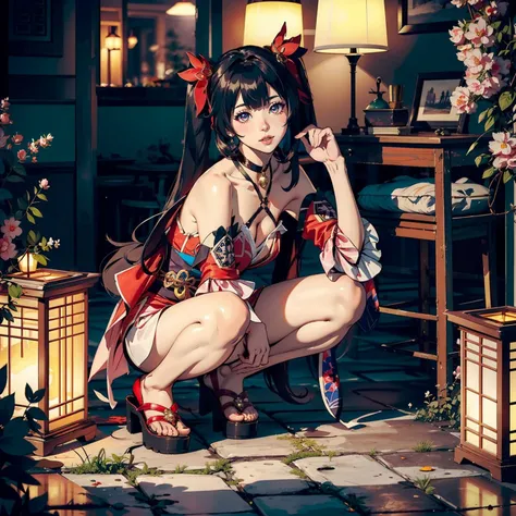 <lora:sparkle_honkai:0.8>,sparkle_honkai,1girl,(squatting, spread legs),short kimono,bare shoulders,twintails,black hair,long hair,hair ornament,bare legs,red sandals,full body,(cowboy shot,realistic,photorealistic),(masterpiece,best quality,high quality),...