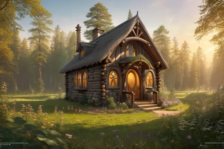 (Professional 3D rendering:1.3) of (Sketch:1.3) (Mundane Photo:1.3) of (Award-winning photograph), (lonely luxury hobbithouse in the middle of a forest with a round door and round windows on its side and a pathway leading to it, at sunset), (Low-angle pers...