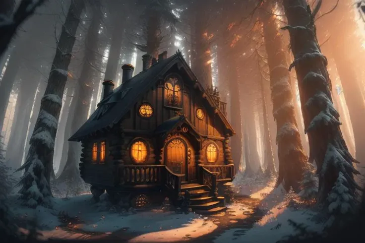 (Divisive Vector image:1.3) of (one small hobbithouse in the middle of a forest with a round door and round windows on its side and a pathway leading to it, at sunset), (Low-angle perspective), (natural lighting), (Wide-angle lens capturing scenery), hidde...