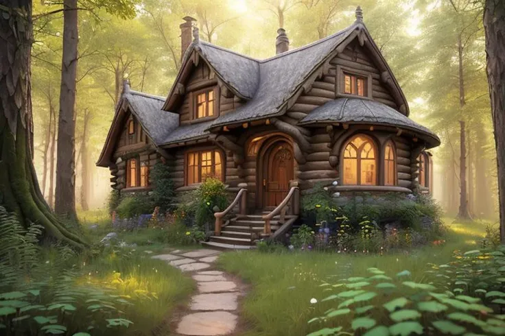 (Professional 3D rendering:1.3) of (Masterpiece:1.3) (Mundane Photo:1.3) of (Award-winning photograph), (lonely small hobbithouse in the middle of a forest with a round door and round windows on its side and a pathway leading to it, at sunset), (Low-angle ...